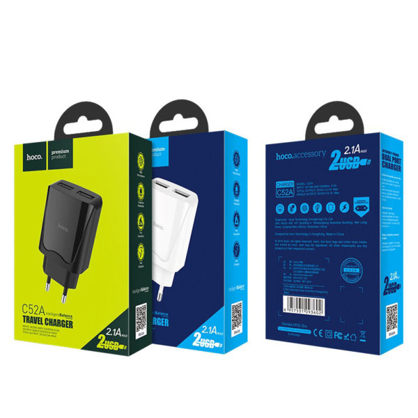 Prémium minőségű HOCO hálozati töltő C52A 2xUSB 2,1A fehér - Image 2