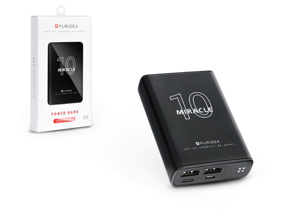 Univerzális hordozható, asztali akkumulátor töltő - Puridea S15 2xUSB+Type-C+microUSB 2.1A Power Bank - 10.000 mAh - black