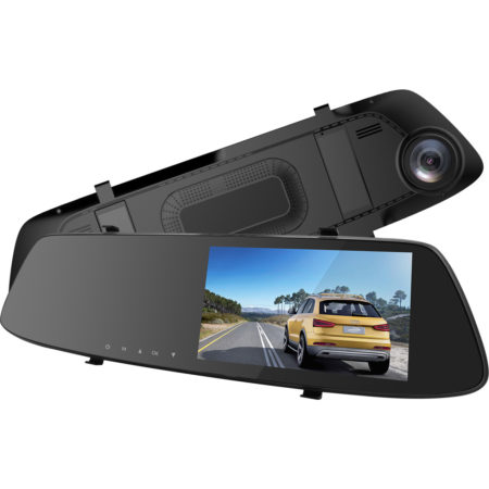 DVR autókamera, Okos visszapillantó tükör, 4.5" kijelző, FHD/30fps, G-szenzor, Első és hátsó kamera, IP65 másodlagos kamera