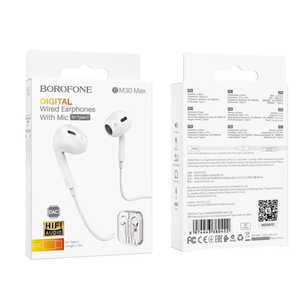 Fülhallgató Type C csatlakozóval és mikrofonnal fehér Borofone BM30 MAX (DAC chip) - Image 2