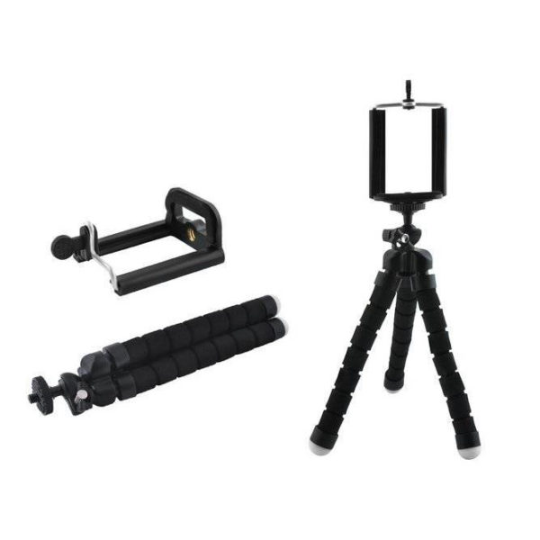 Tripod, hajlítható lábú, szelfi és asztali miniállvány, fekete, telefon adapterrel
