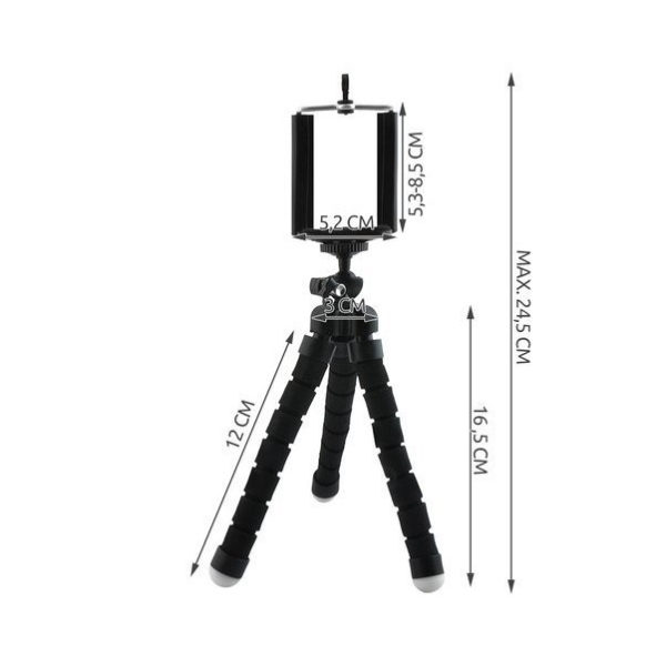 Tripod, hajlítható lábú, szelfi és asztali miniállvány, fekete, telefon adapterrel - Image 4