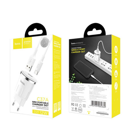 Prémium minőségű HOCO hálózati töltő C37A 1xUSB 2,4A 12W plusz USB Type C kábel