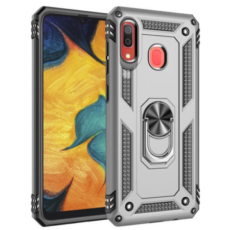 Samsung Galaxy A20 / A30 SM-A205F / A305F, Műanyag hátlap védőtok, közepesen ütésálló, szilikon belső, telefontartó gyűrű, Defender, ezüst