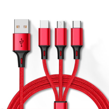 Szövetborítású 3 in 1 - Lightning USB Type C Micro USB 1.2 méteres píros