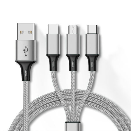 Szövetborítású 3 in 1 - Lightning USB Type C Micro USB 1.2 méteres szürke