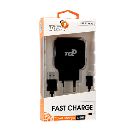 TEL1 gyorstöltő-hálózati töltőfej USB TYPE C+1m fekete töltőkábel