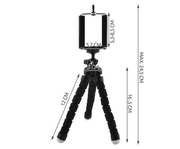Tripod, hajlítható lábú, szelfi és asztali miniállvány, fekete, telefon adapterrel - Image 10