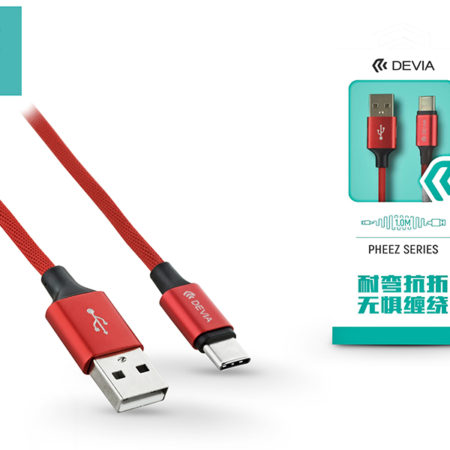 USB - USB Type-C adat- és töltőkábel 1 m-es vezetékkel - Devia Pheez USB Type-C 2.0 Cable - red