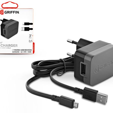 Griffin USB hálózati töltő adapter + micro USB kábel 90 cm-es vezetékkel - Griffin PowerBlock Wall Charger - 5V/2,4A - black