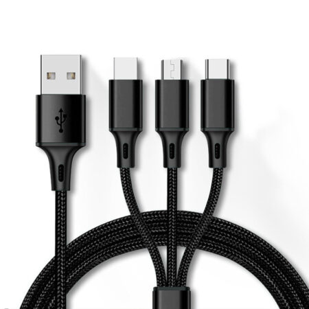 Szövetborítású 3 in 1 - Lightning USB Type C Micro USB 1.2 méteres fekete