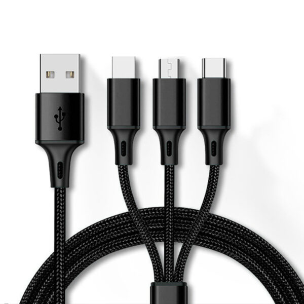 Szövetborítású 3 in 1 - Lightning USB Type C Micro USB 1.2 méteres fekete