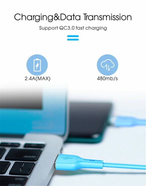 Type C USB QC 3.0 gyorstöltés funkciós USB kábel 2.4A, 1m kék  strapabíró szilikon - Image 3
