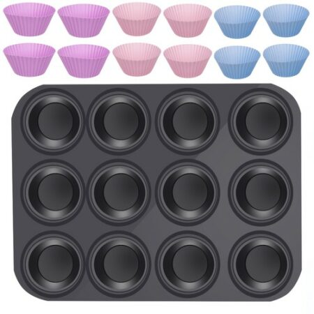 Muffin sütőforma 12 adagos 35 x 26,5 cm, acél, fekete plusz ajándék 12db szilikon forma