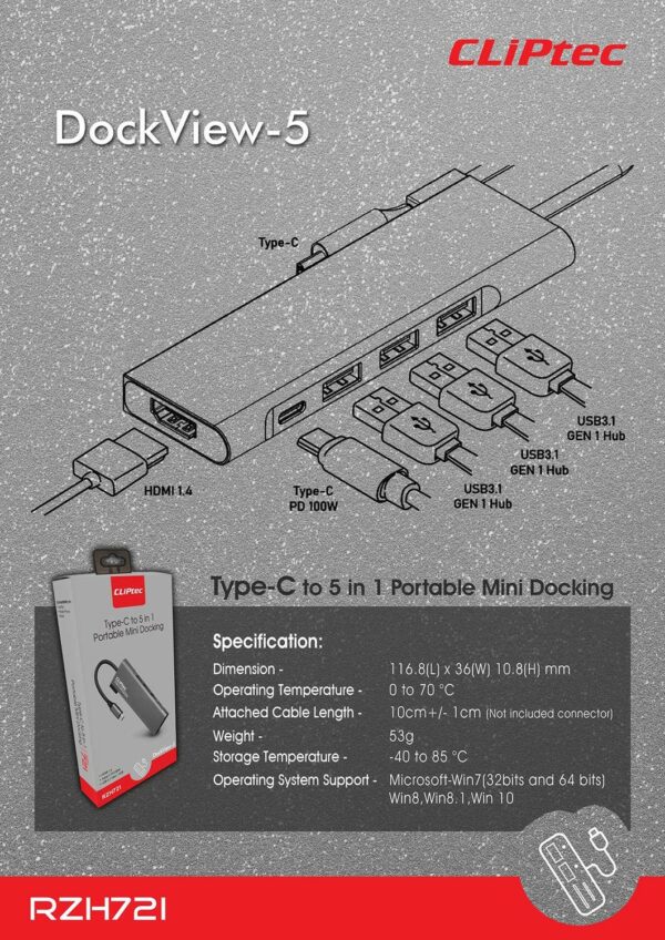 Type C HUB elosztó, 3XUSB 3.1 + Type C + HDMI - DOCKVIEW-5 Cliptec RZH721 - Image 3