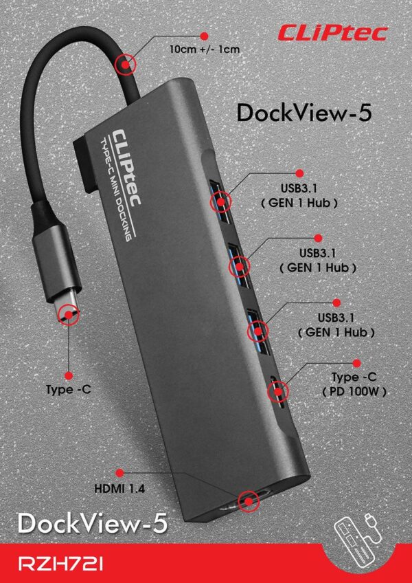 Type C HUB elosztó, 3XUSB 3.1 + Type C + HDMI - DOCKVIEW-5 Cliptec RZH721 - Image 7