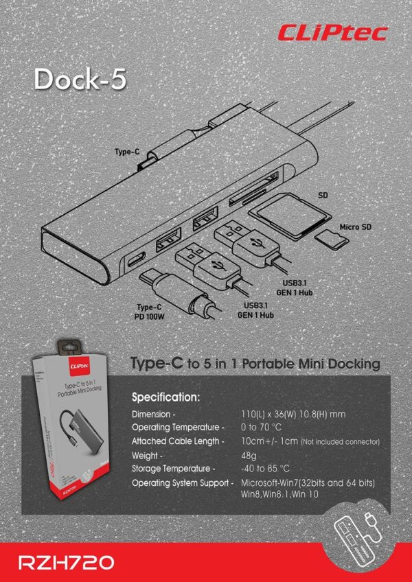 Type C HUB elosztó 2XUSB 3.1 + Type C + SD/MICROSD - DOCK-5 Cliptec RZH720 - Image 3